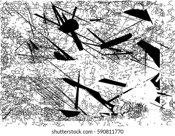 Background black and white abstract texture vector with  dark spots, pale nets, lines and drawing