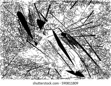 Background black and white abstract texture vector with  dark spots, pale nets, lines and drawing