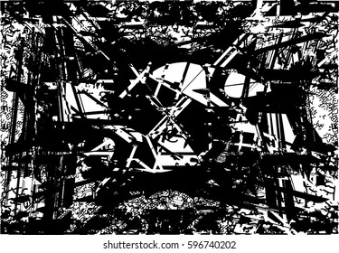 Background black and white abstract texture vector with  dark spots, nets, lines and drawing