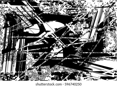 Background black and white abstract texture vector with  dark spots, nets, lines and drawing