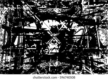 Background black and white abstract texture vector with  dark spots, nets, lines and drawing