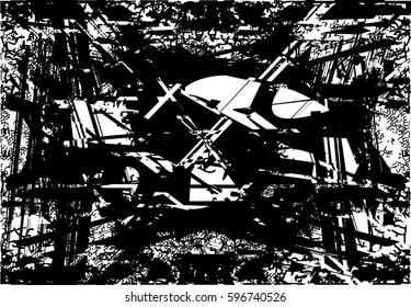 Background black and white abstract texture vector with  dark spots, nets, lines and drawing