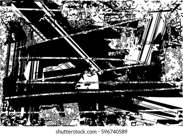 Background black and white abstract texture vector with  dark spots, nets, lines and drawing