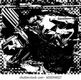 Background black and white abstract texture vector with  dark spots, nets, lines and drawing