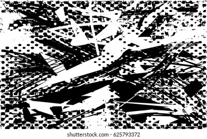 Background black and white abstract texture vector with  dark spots, nets, lines and scratches 