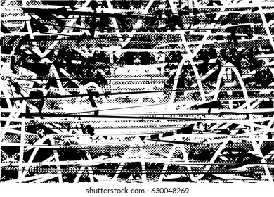 Background black and white abstract texture vector with  dark spots, nets, lines and scratches 