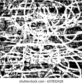 Background black and white abstract texture vector with  dark spots, nets, lines and scratches