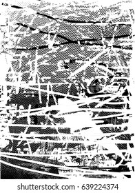 Background black and white abstract texture vector with  dark spots, nets, lines and scratches 