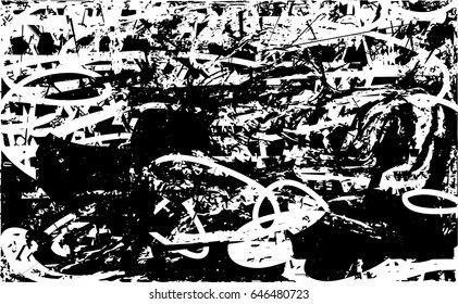 Background black and white abstract texture vector with  dark spots, nets, lines and scratches