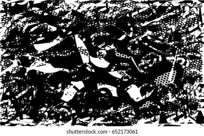 Background black and white abstract texture vector with  dark spots, nets, lines and scratches