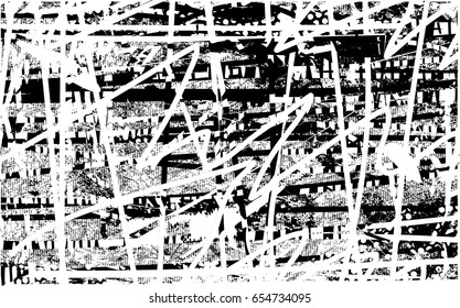 Background black and white abstract texture vector with  dark spots, nets, lines and scratches