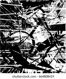 Background black and white abstract texture vector with  dark spots, scratches, net and lines 