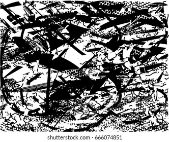 Background black and white abstract texture vector with  dark spots, scratches, nets and lines 