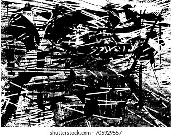 Background black and white  abstract  texture vector illustration with  dark spots,  scratches, dots and lines