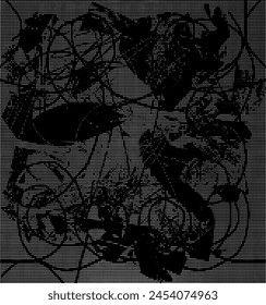 Background black and white abstract vector texture illustration with dark spots, dots, scratches, and lines.