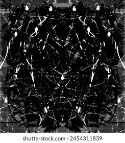 Background black and white abstract vector texture illustration with dark spots, dots, scratches, and lines.