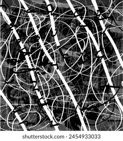 Background black and white abstract vector texture illustration with dark spots, dots, scratches, and lines.