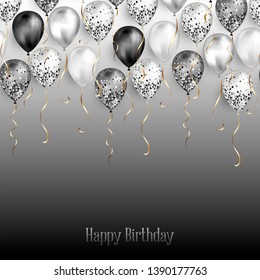Background with black and white balloons as top border. Shiny glossy realistic ballon with glitter and gold ribbon, vector decoration, perfect for party banner or invitation card