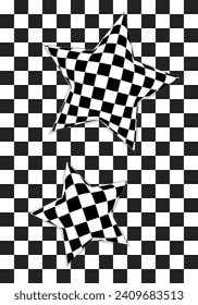 Fondo de jaula blanca y negra y estrellas 3d. Plantillas para banner, portada, afiche, postal. Resumen de patrones blancos y negros. Arte óptico 3D