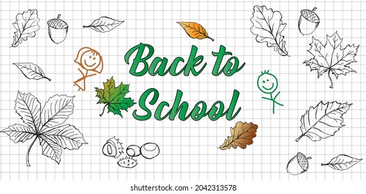 Background with black and white checkered, colorful leaves and the words back to school