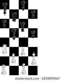 Background of black and white chess pieces, on the background of a black and white chessboard. Chess moves on a checkered board. Chess cartoon. Background for labels and text