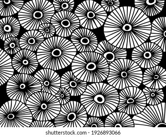 background with black and white decorative, abstract elements similar to mushrooms or fabulous colors, stylized vector graphics