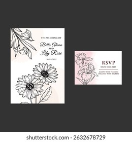 Background black and white design with golden rose. Lotus flowers line arts design for wallpaper, natural wall arts, banner, prints, invitation and packaging design with invitation card