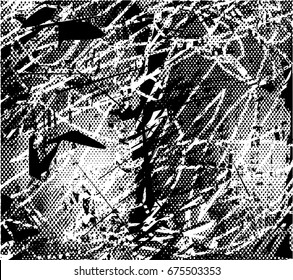 Background black and white doted abstract  texture vector illustration with  dark spots, scratches and lines