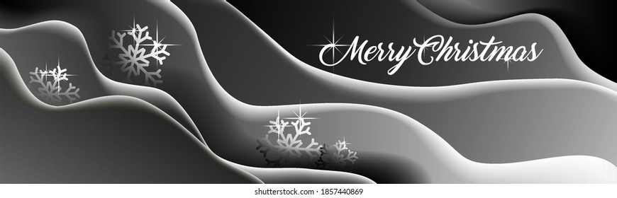 background of black and white flowing liquid waves. Happy New Year and merry Christmas in black and white style with sequins. Background for social networks or a website