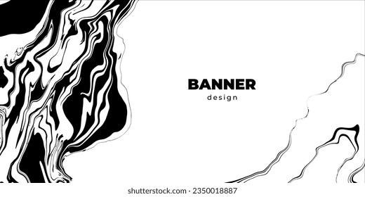 Background with black and white marble texture. Banner design with copy space. Abstract painting mix stains. Black and white liquid paint that flows.