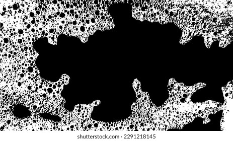 Background with black and white soap grunge stains. Sponge spots. Foam water. Liquid on glass. Foam texture with copy space. Template with foam splash. Soap bubbles. Cleaning. Washing the surface