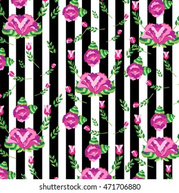 background with black and white stripes and flowers pattern with roses and twigs