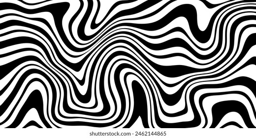 Background with black and white wavy lines. Vector psychedelic zebra pattern. Warped striped monochrome texture