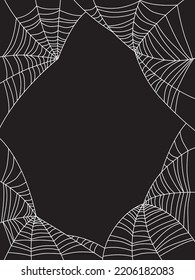 The background is black with a white web. Background with cobwebs for Halloween. Scary web, decor elements for a scary party.