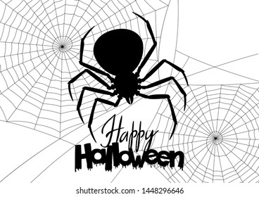 Background with black widow spider. Banner for Happy Halloween holiday.