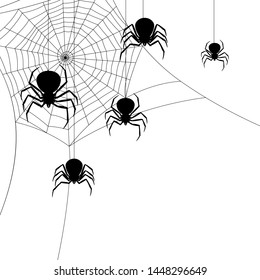 Background with black widow spiders. Banner for Halloween holiday.