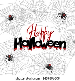 Background with black widow spiders. Banner for Happy Halloween holiday.
