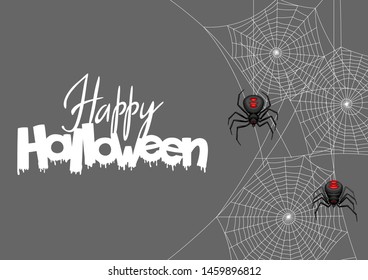 Background with black widow spiders. Banner for Happy Halloween holiday.