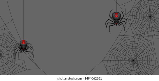 Background with black widow spiders. Banner for Halloween holiday.