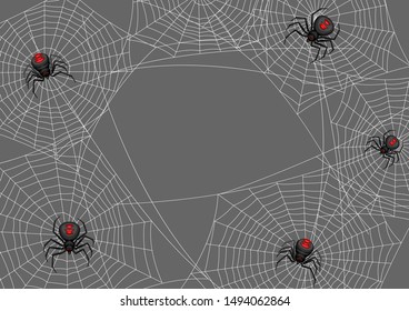 Background with black widow spiders. Banner for Halloween holiday.
