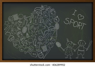 Background with blackboard, simple icons on the theme of sports