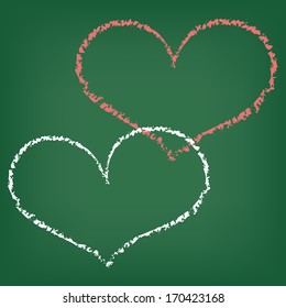 background with blackboard and two hearts written with chalk