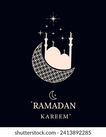 Background for the blessed holiday of Ramadan Kareem, Raya Hari, Eid al-Adha.  Postcard. Moon and stars. Vector illustration. Isolated. Muslim. Editable line and stroke. Arabic calligraphy. Hijri