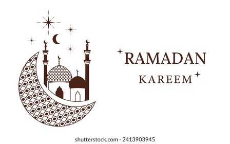 Background for the blessed holiday of Ramadan Kareem, Raya Hari, Eid al-Adha. Arabic postcard. Vector illustration. Isolated. Muslim. Editable line and stroke. Mosque and temple. Moon and stars