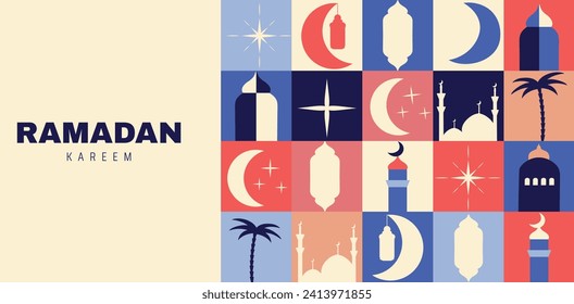 Hintergrund für den gesegneten Urlaub von Ramadan Kareem, Raya Hari, Eid al-Adha. Arabische Postkarte. Vektorgrafik. Einzeln. Moschee. Moderne geometrische Formen im brutalistischen Stil. Formen und Isoometrie