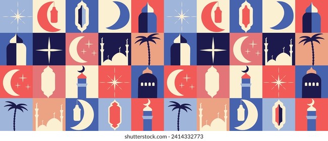 Background for the blessed holiday of Ramadan Kareem, Raya Hari, Eid al-Adha. Arabic postcard. Vector illustration. Isolated. Mosque. Modern geometric shapes in brutalist style. y2K