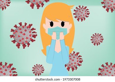Background of Blonde hair teenage girl in facemask touching her face with green and covid background. Healthcare and Medical concept