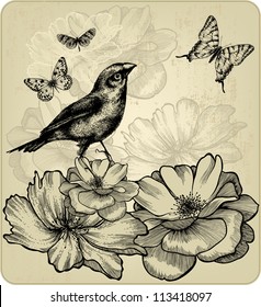 Background with blooming roses, birds and flying butterflies. Vector.