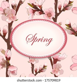 Background with blossoming almond branch with pink flowers. Frame with flowers. Floral design. Realistic vector illustration