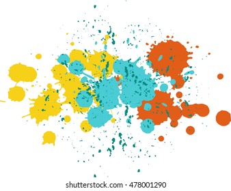 Background with blots and vector splashes of paint. Yellow, blue and orange blobs Yellow blot, Blue smear, Orange  dab,Blue blotch, Orange blur Holidays Holi or Mardi Gras Festive backdrop Typographic